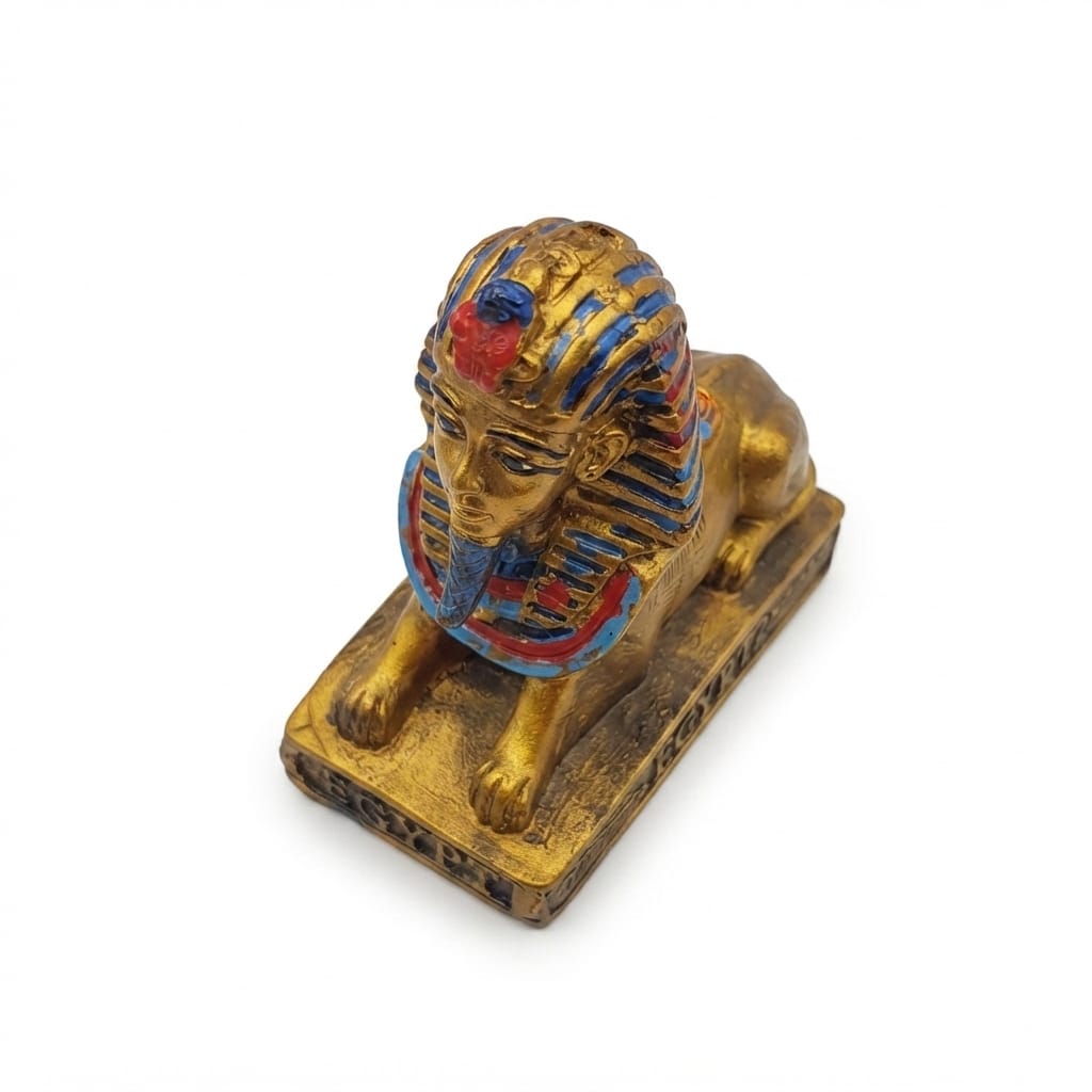 Gold-finish Sphinx figurine with blue and red details on an inscribed bas