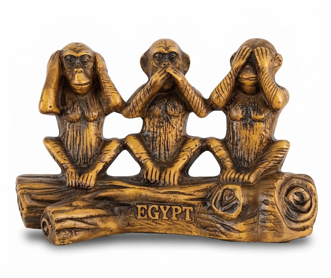 Brown Wood-Tone Three Wise Monkeys Figurine on a Log with "EGYPT" Inscription