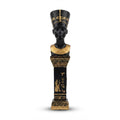 Tall matte black and gold Queen Nefertiti bust figurine on an inscribed pillar pedestal