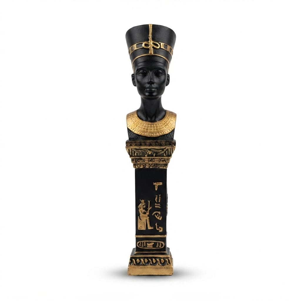 Tall matte black and gold Queen Nefertiti bust figurine on an inscribed pillar pedestal