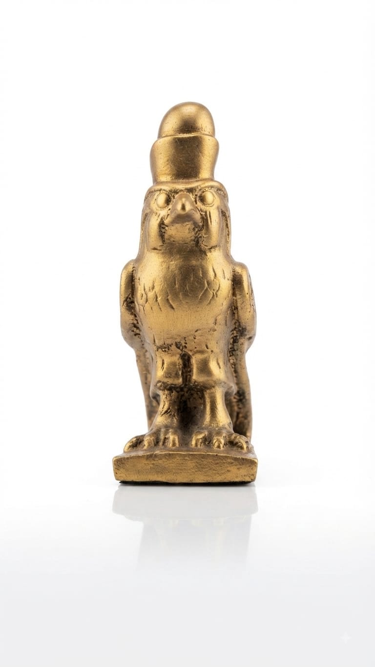 Gold-finish Horus falcon figurine wearing the dual crown of Upper and Lower Egypt