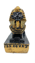 Black and gold Sphinx figurine of King Tutankhamun on a decorated rectangular base