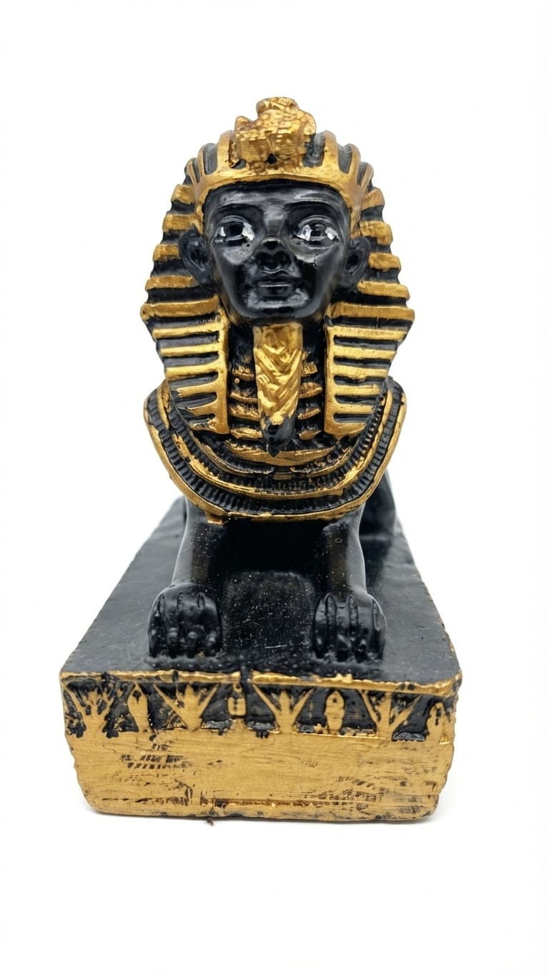 Black and gold Sphinx figurine of King Tutankhamun on a decorated rectangular base
