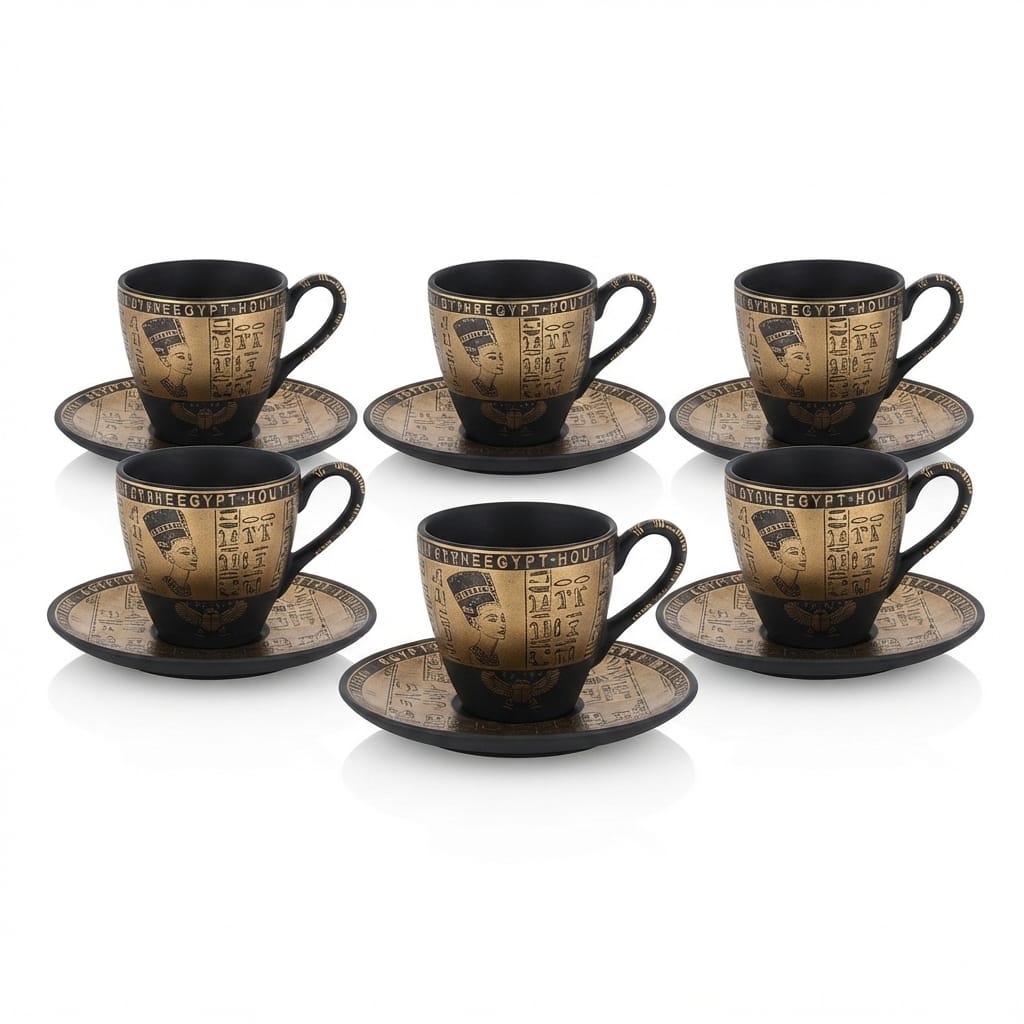 Black and gold ancient Egyptian coffee cup and saucer set featuring Queen Nefertiti profile portraits and hieroglyphic patterns