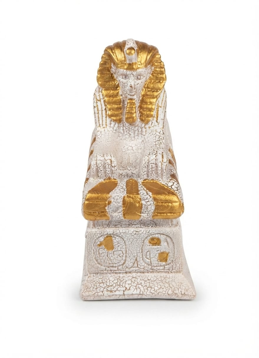 White and Gold Crackle-Finished Sphinx Figurine on Base