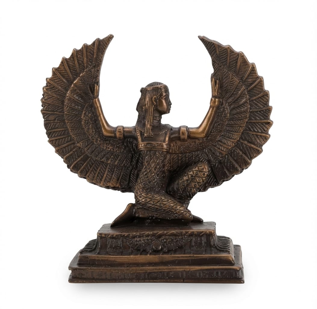 Kneeling winged Isis figurine with an ornate base