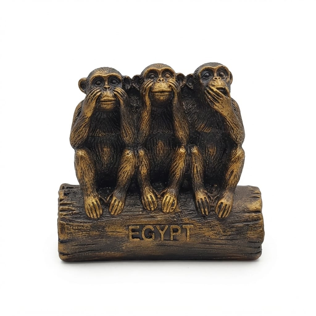 Bronze-finish Three Wise Monkeys figurine seated on a log marked "EGYPT"