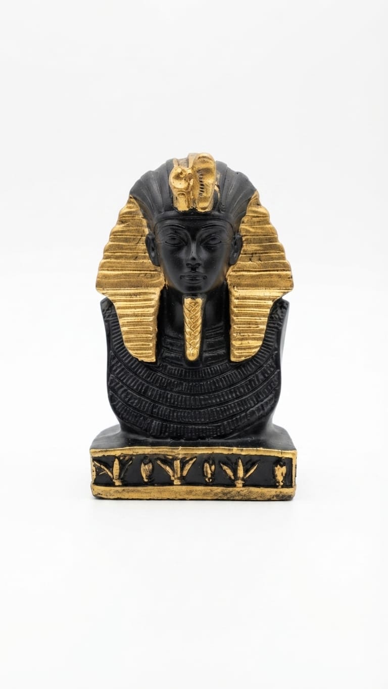 Black and gold King Tutankhamun bust figurine with detailed nemes headdress and an engraved decorative base