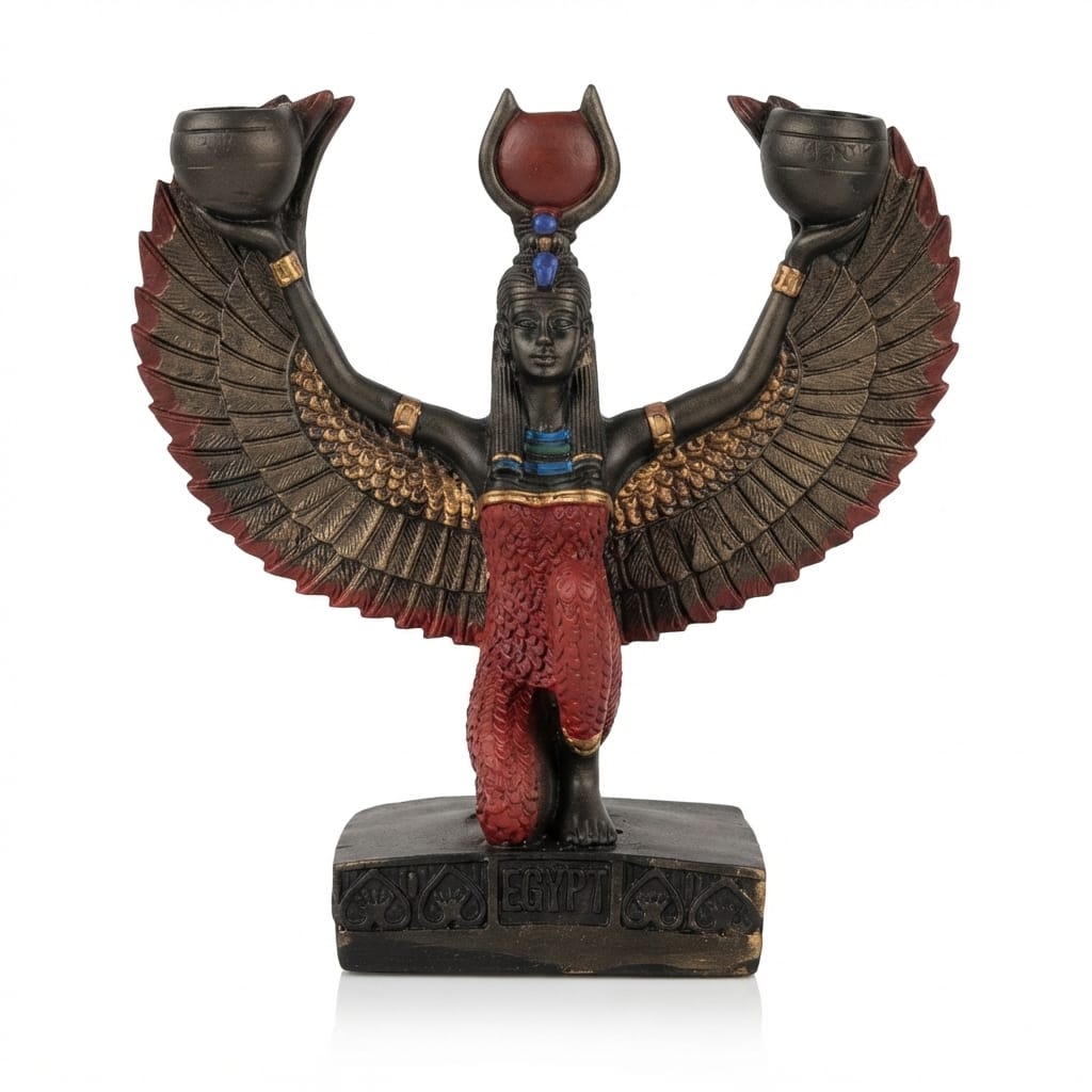 Goddess Isis figurine with spread wings holding two small bowls on an inscribed "EGYPT" base
