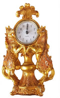 Gold decorative desk clock featuring two opposing rearing horses on an engraved base