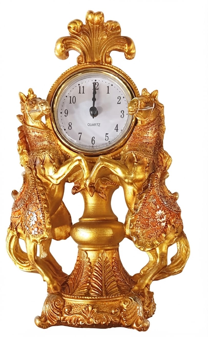 Gold decorative desk clock featuring two opposing rearing horses on an engraved base