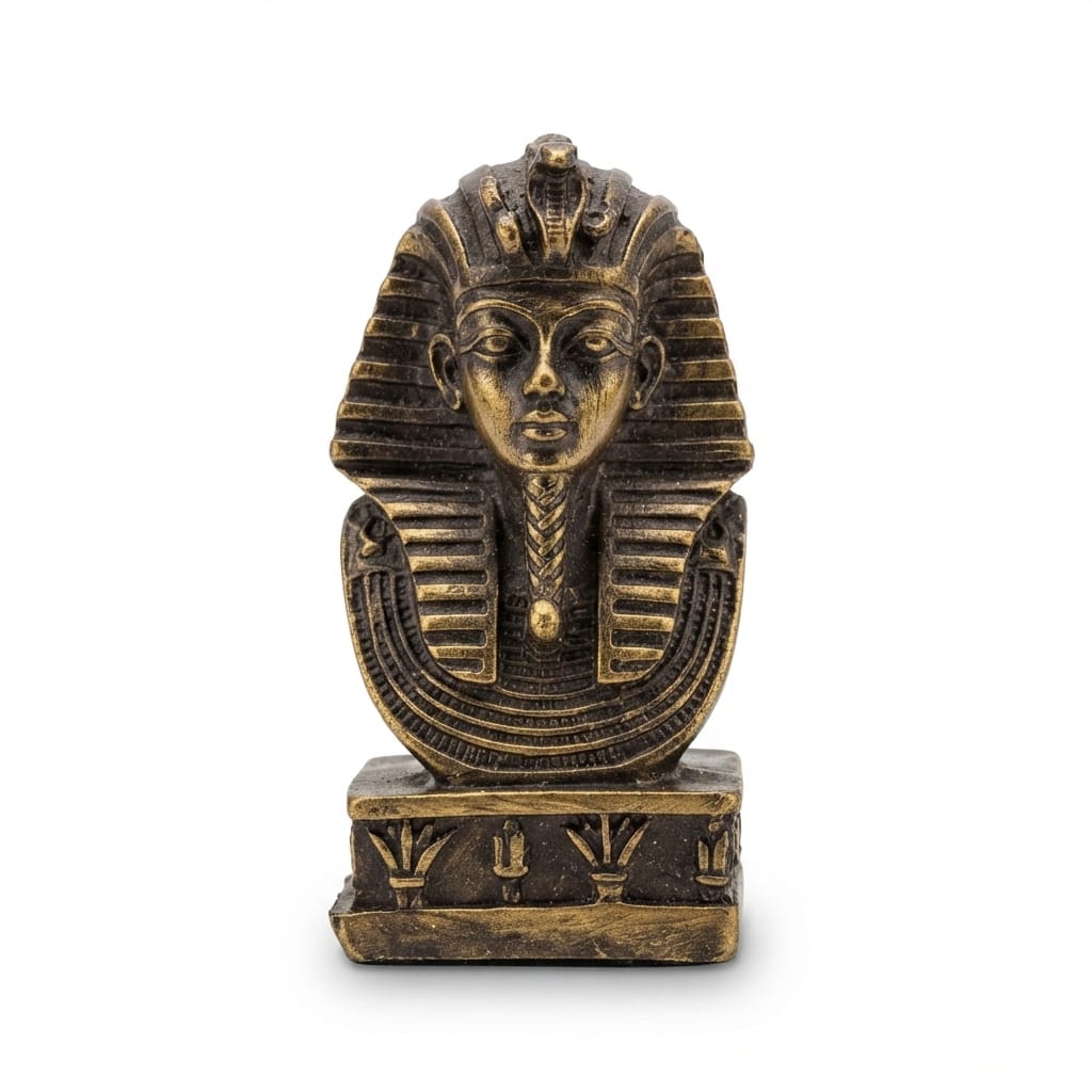 Bronze-finish King Tutankhamun bust figurine with an inscribed base
