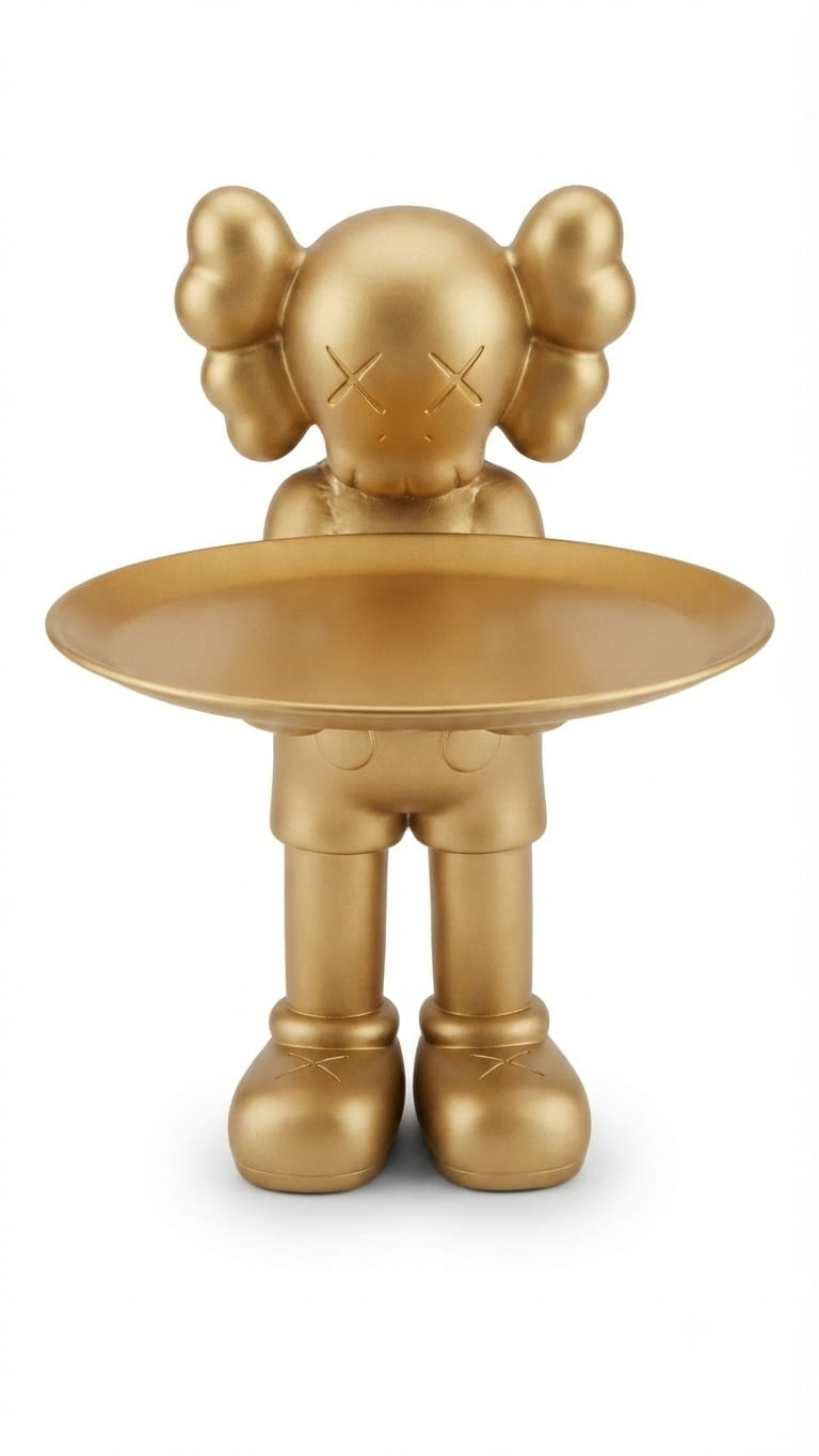 Gold collectible character figurine standing and holding a circular tray in front of its body
