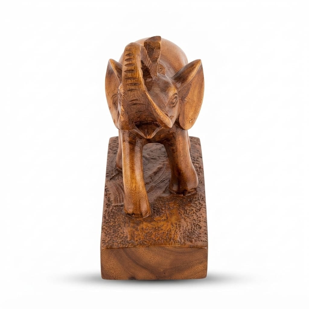 Wooden Elephant Figurine with Raised Trunk on Base