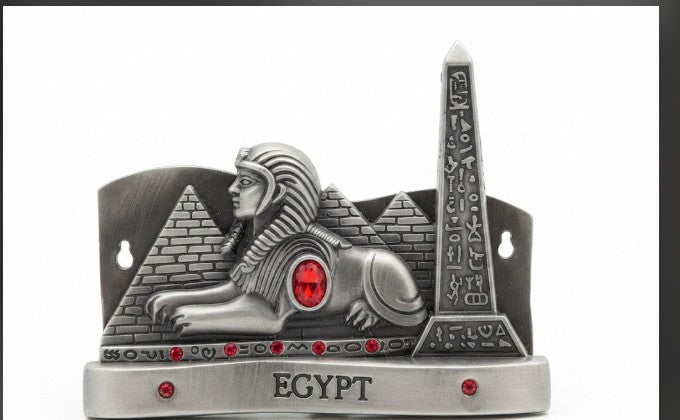 Silver-Tone Metal Sphinx and Pyramids Souvenir Plaque with Red Rhinestones