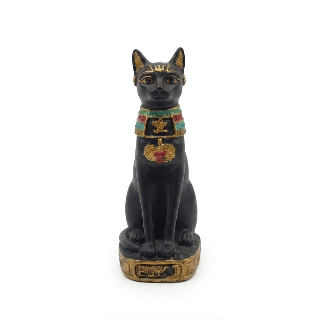 Black Bastet Cat Figurine with Colorful Collar
