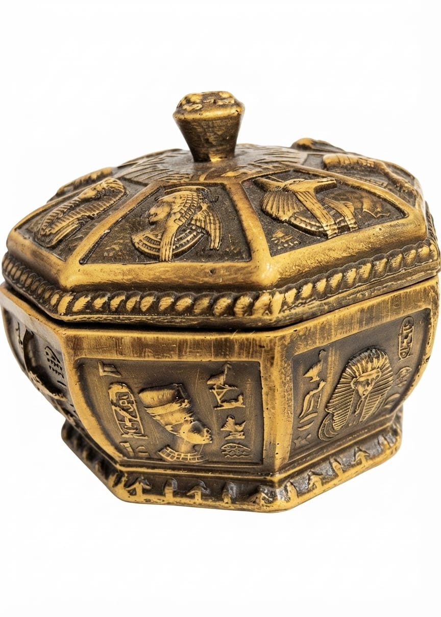 Gold-tone antique hexagonal storage box or trinket jar adorned with pharaonic reliefs and hieroglyphs