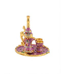 Purple and Gold Enamel Arabic Coffee Pot and Cups Set on a Tray Trinket Box with Rhinestones