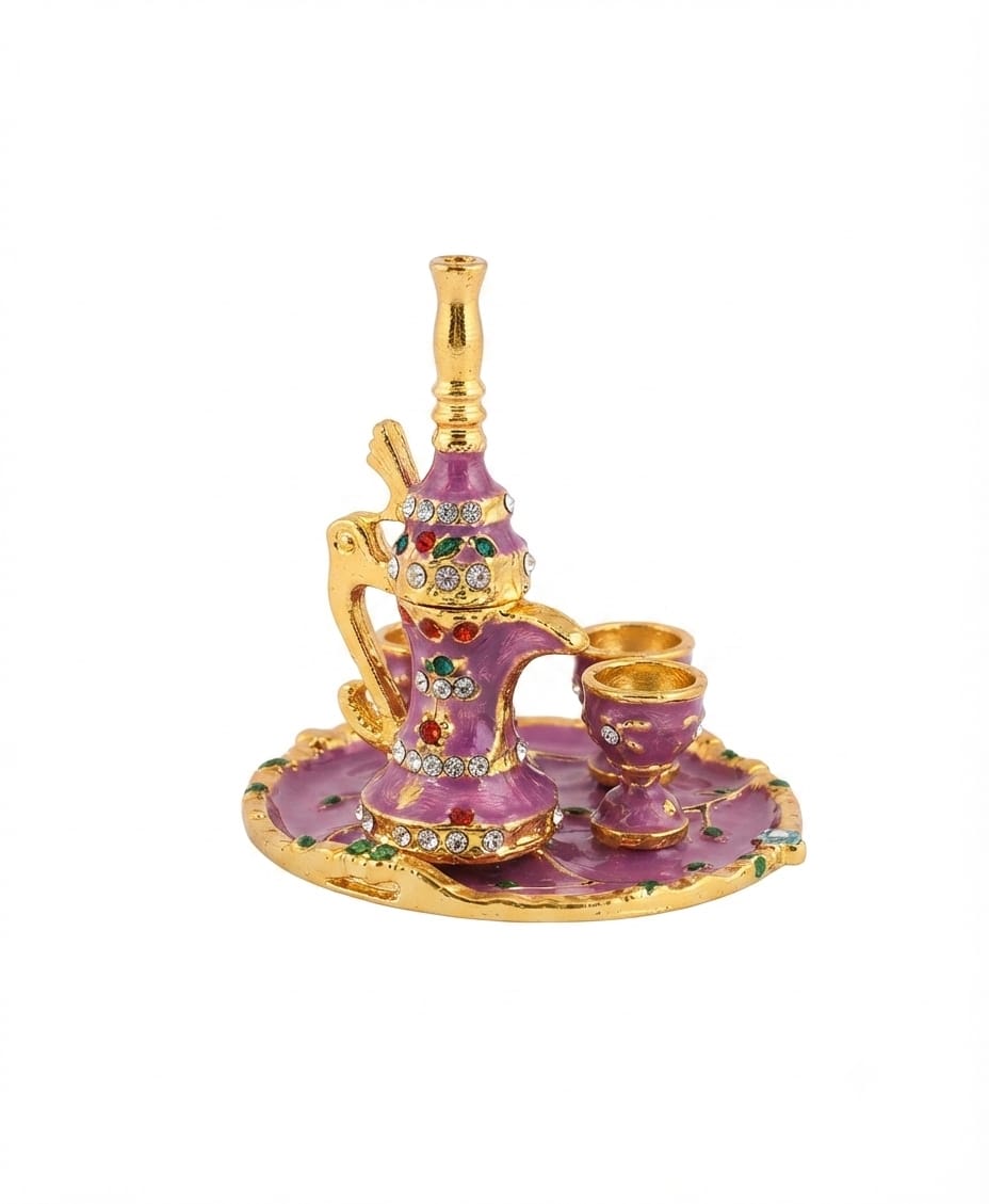 Purple and Gold Enamel Arabic Coffee Pot and Cups Set on a Tray Trinket Box with Rhinestones