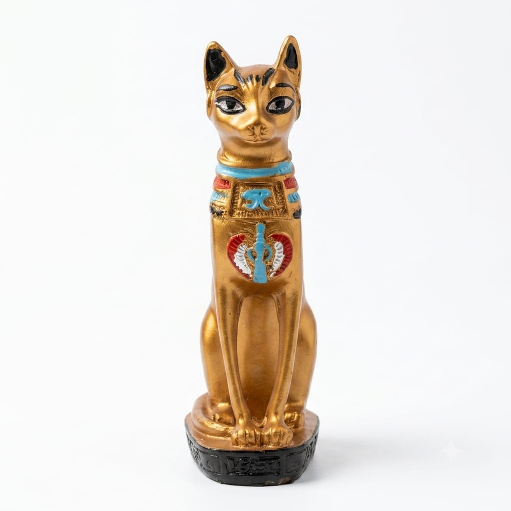 Bright Gold Bastet Cat Figurine with Blue and Red Collar