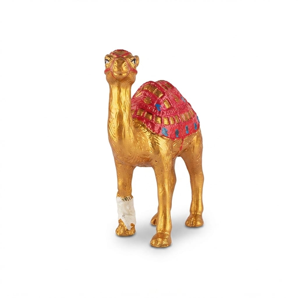 Gold-finish camel figurine wearing a red saddle and a white leg bandage