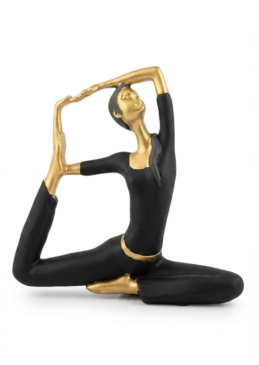 Black and gold yoga pose figurine depicting a woman in a flexible stretching posture on a base
