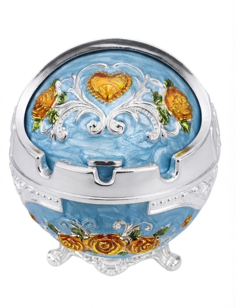 Light blue and silver round ashtray decorated with yellow rose motifs and a raised gold heart