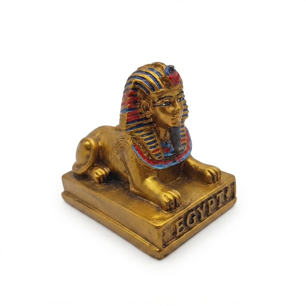 Gold-finish Sphinx figurine with blue and red details on an inscribed bas