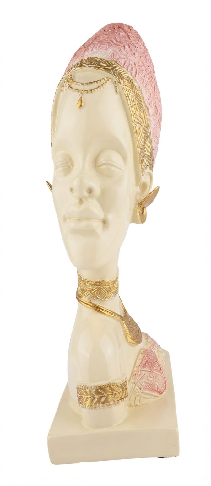 Cream-colored and pink Nubian or African woman bust figurine wearing a patterned head wrap and golden jewelry
