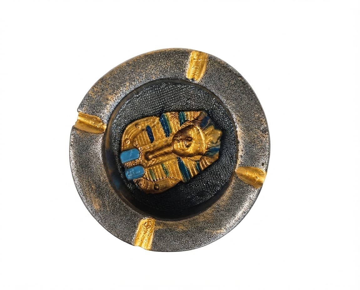 Grey and gold round ashtray featuring a miniature gold and blue funerary mask of Tutankhamun in the center