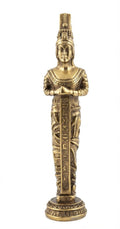 Gold-tone standing pharaonic figurine wearing an ornate crown and holding a central pillar inscribed with hieroglyphs on a decorated circular base