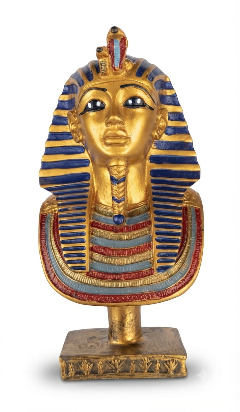 King Tutankhamun Bust Figurine with Detailed Headpiece on Base