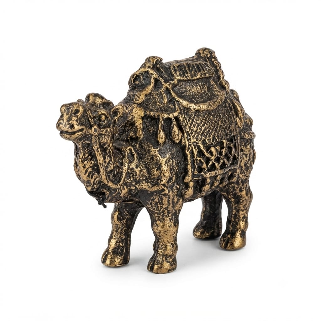 Antique gold-finish camel figurine with an ornate saddle