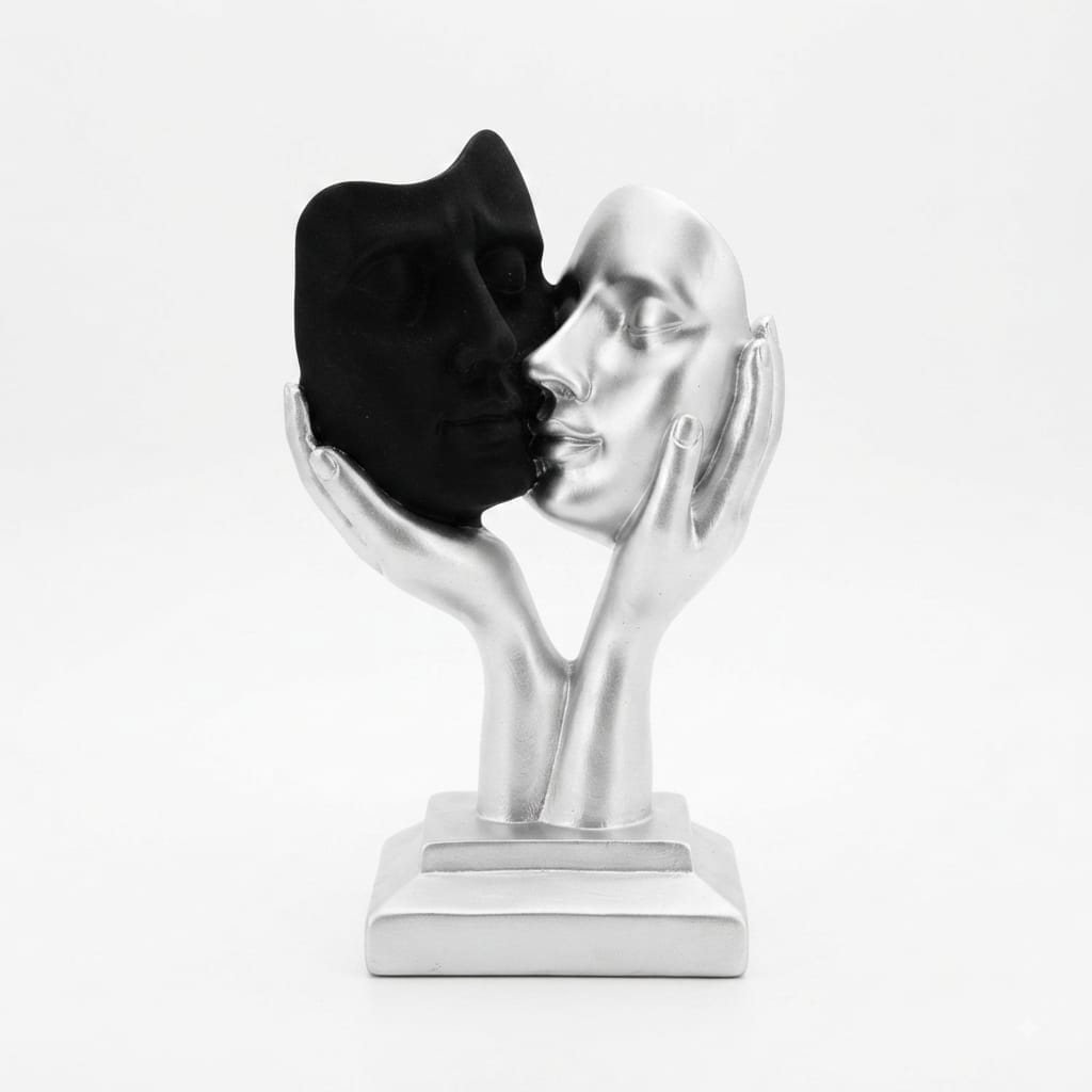Silver-finish dual-hand sculpture cradling two distinct facial masks, one in matte black and one in smooth silver