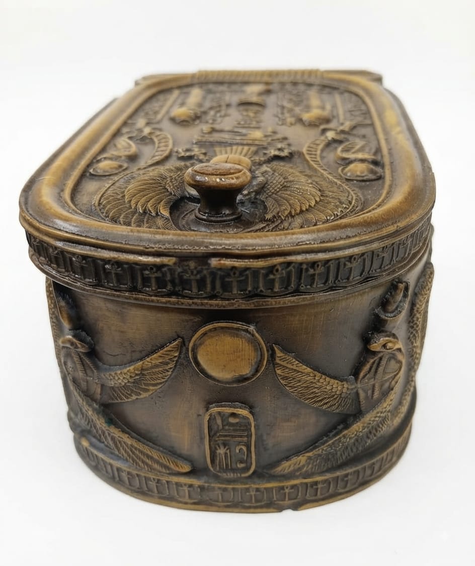 Brown Egyptian-Style Decorative Box with Hieroglyphs and Winged Motifs