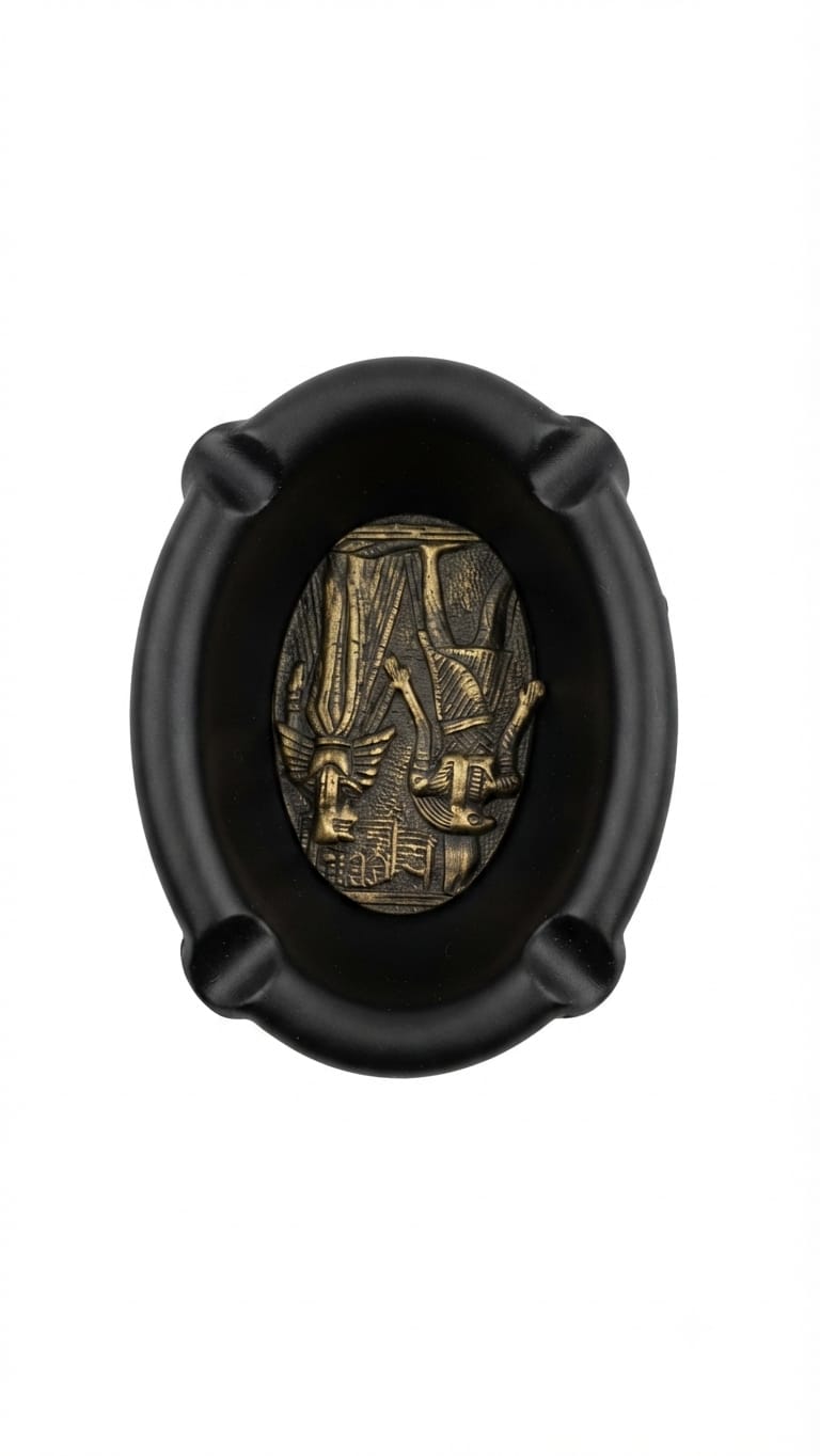 Black oval ashtray featuring a golden relief of ancient Egyptian deities on the inner bottom
