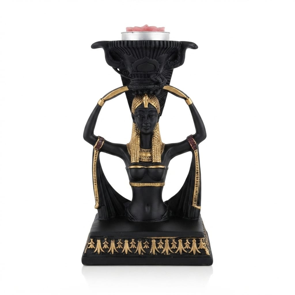 Black and gold Egyptian-style female bust candle holder with detailed headdress