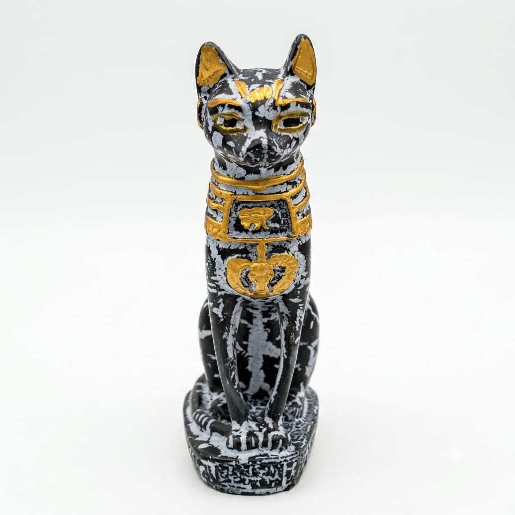 Black and White Marble Finish Bastet Cat Figurine with Gold Accents