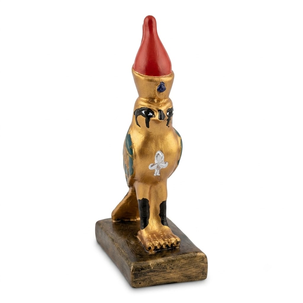 Gold Falcon Figurine with Red Crown and Blue Accents