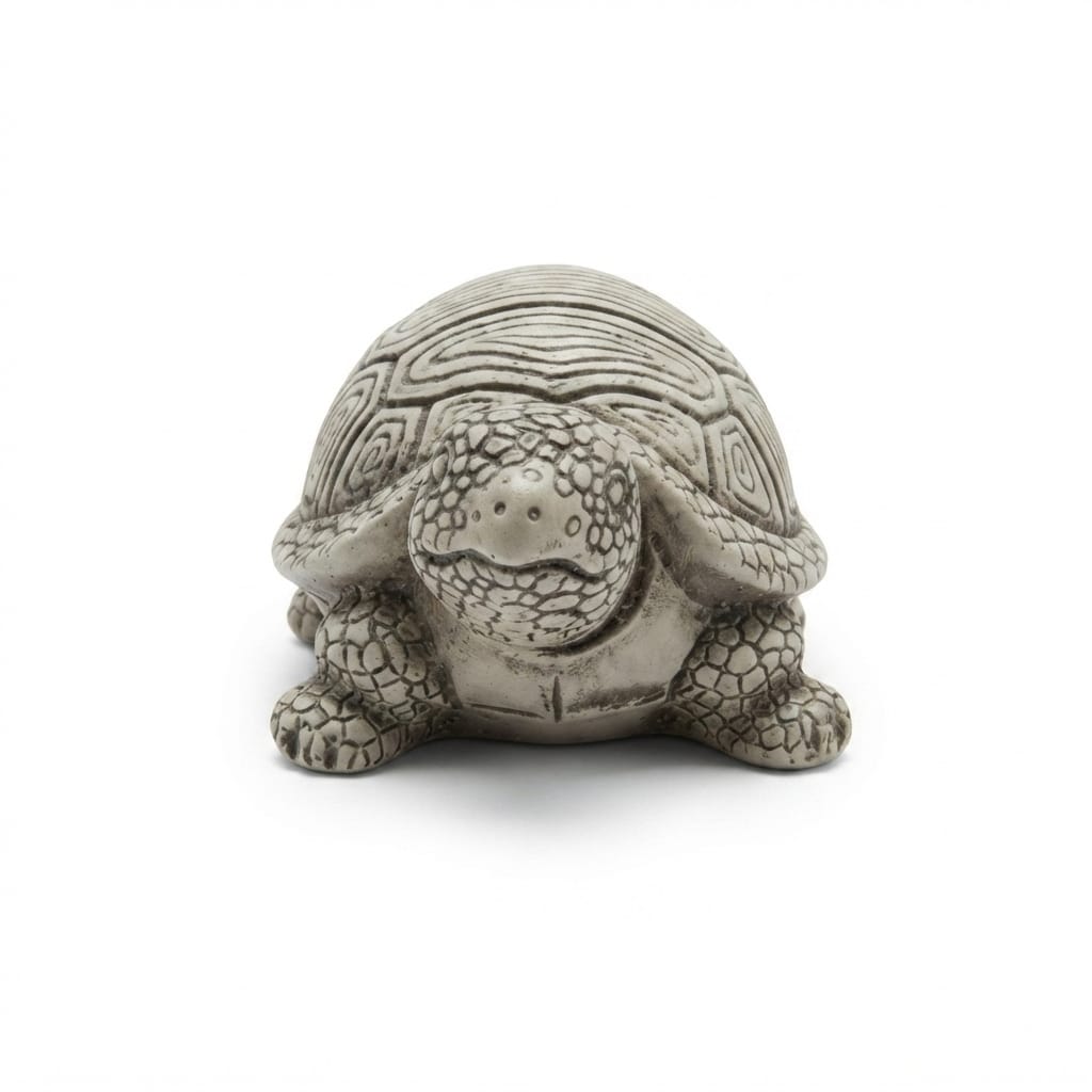 Grey stone-finish turtle figurine with decorative shell patterns