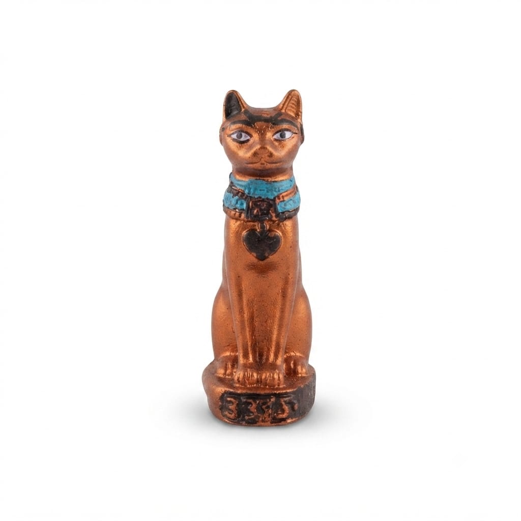 Copper Bastet Cat Figurine with Blue Collar