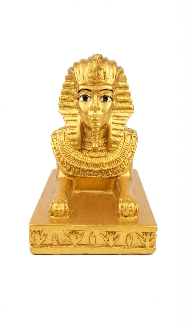 Gold Sphinx figurine with the head of King Tutankhamun on an engraved rectangular base