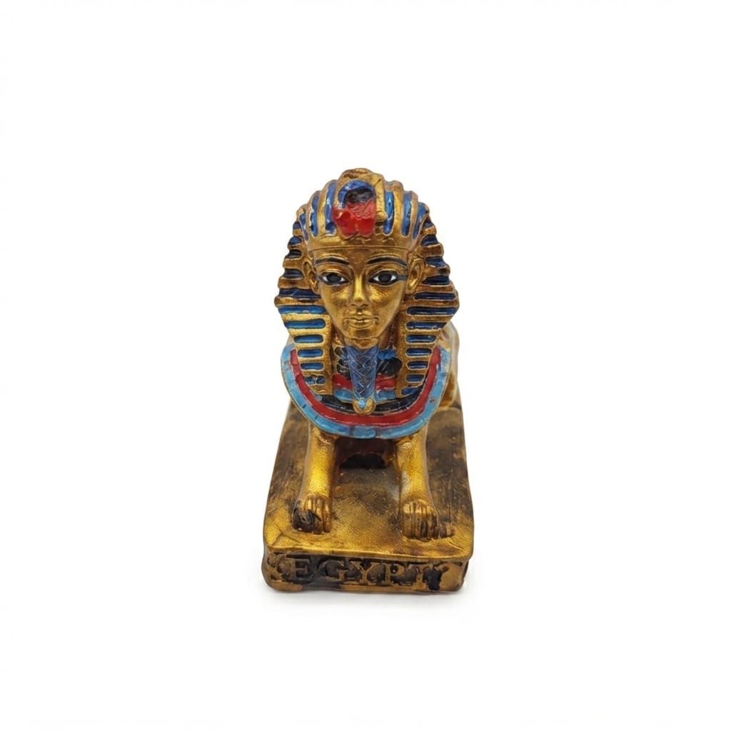 Gold-finish Sphinx figurine with blue and red details on an inscribed bas