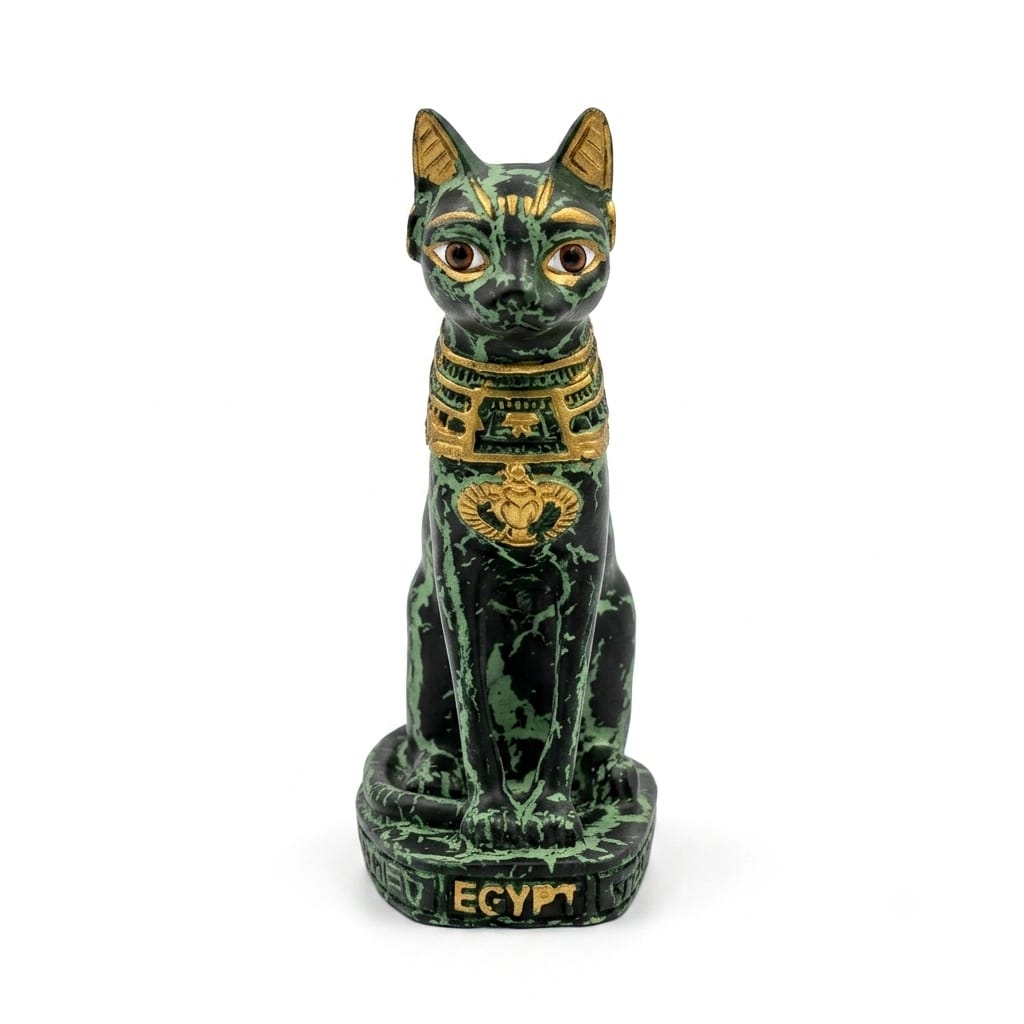 Green Marble Finish Bastet Cat Figurine with Gold Accents