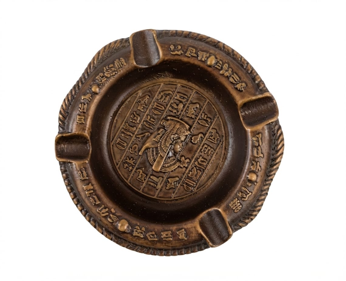 Bronze-tone round ashtray featuring a pharaonic profile in the center and hieroglyphic borders