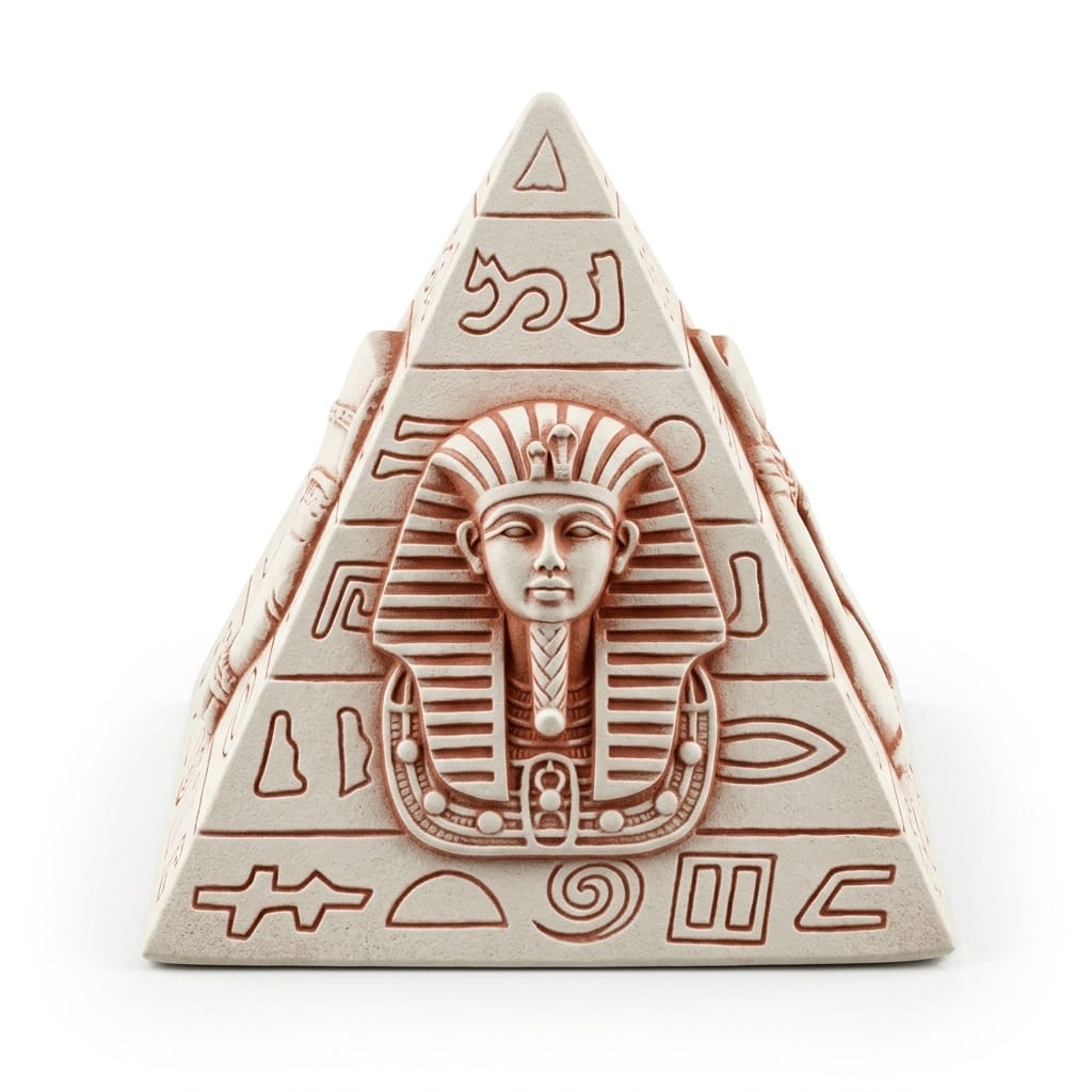 Beige and Terracotta King Tutankhamun Hieroglyphics Pyramid Figurine