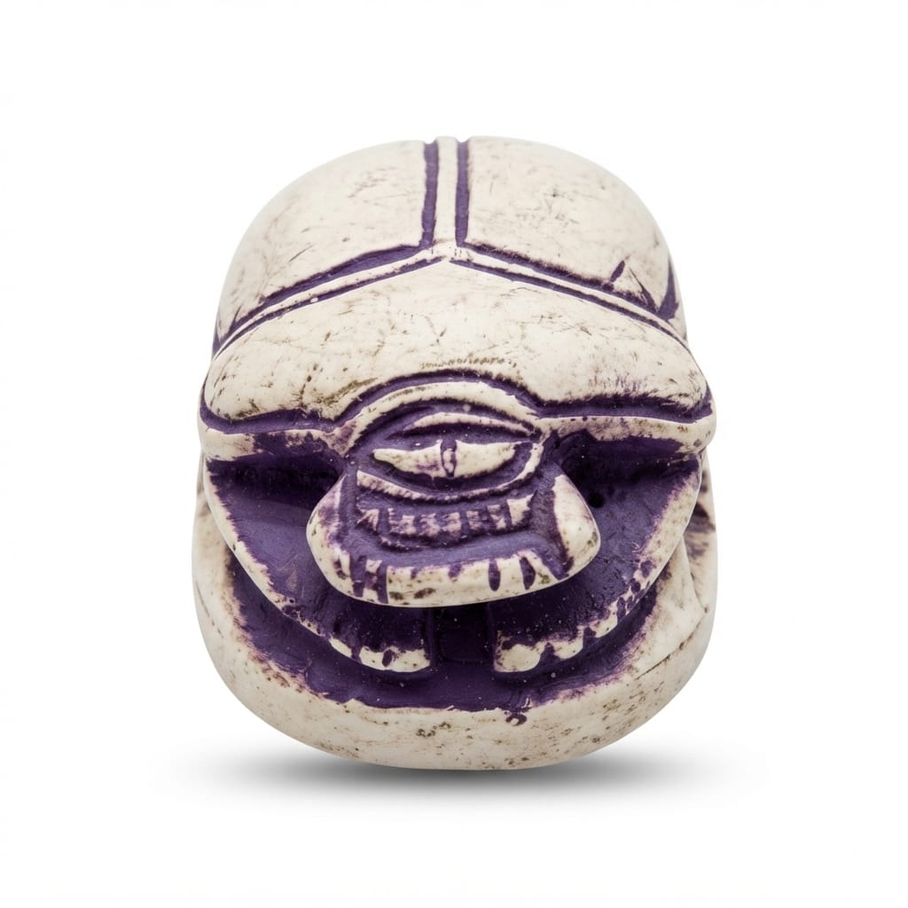 White and purple scarab beetle figurine featuring the Eye of Horus and hieroglyphics