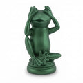 Metallic green frog figurine seated on a circular base with hands covering its eyes