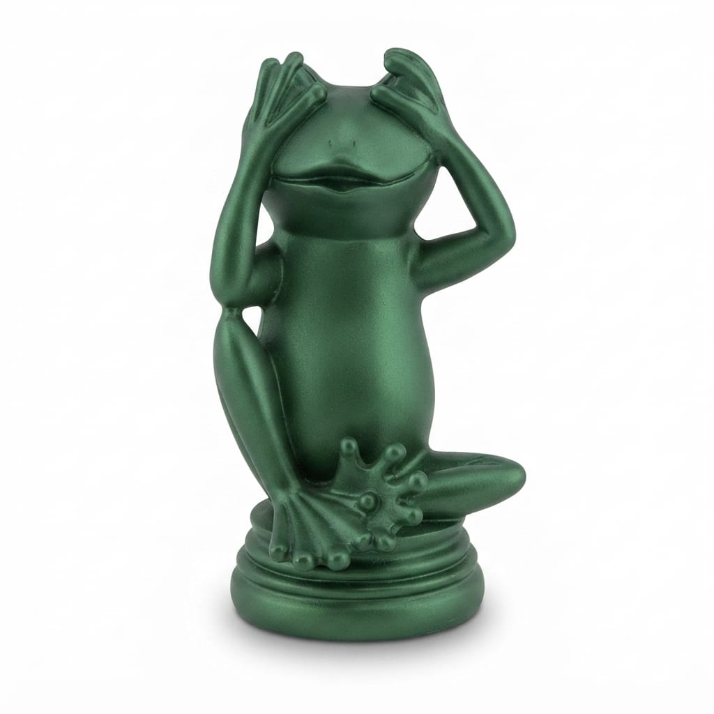 Metallic green frog figurine seated on a circular base with hands covering its eyes