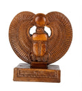 Brown Wood-Tone Winged Scarab Beetle Figurine on a Stand with Hieroglyphic Base